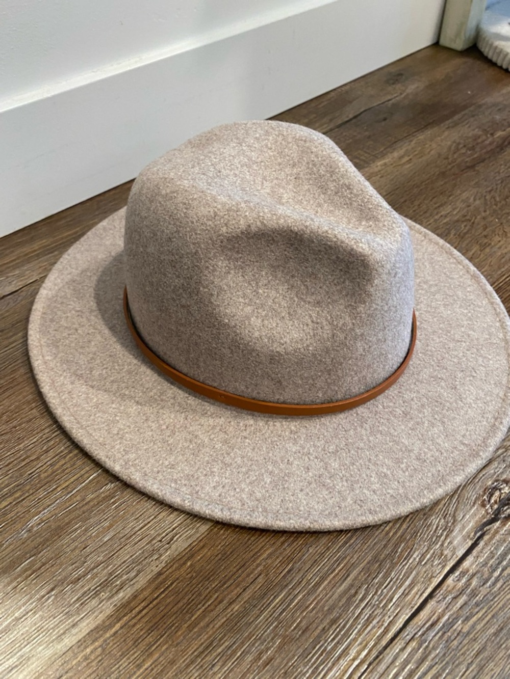 Wool Felt Wide Brim Fedora with faux Leather Band - Taupe